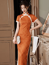 Stand Collar Vintage Print High Split Slim Fit Short Sleeve Cheongsam Maxi Dress